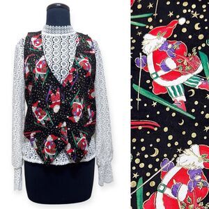 Vintage 90s Christmas Vest Women's Small Celestial Gold Moons Stars Skiing Santa
